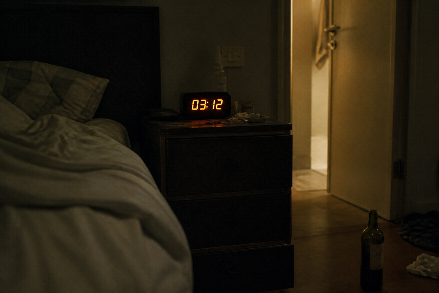 Cheap alarm clock at 3:12am next to an empty bottle