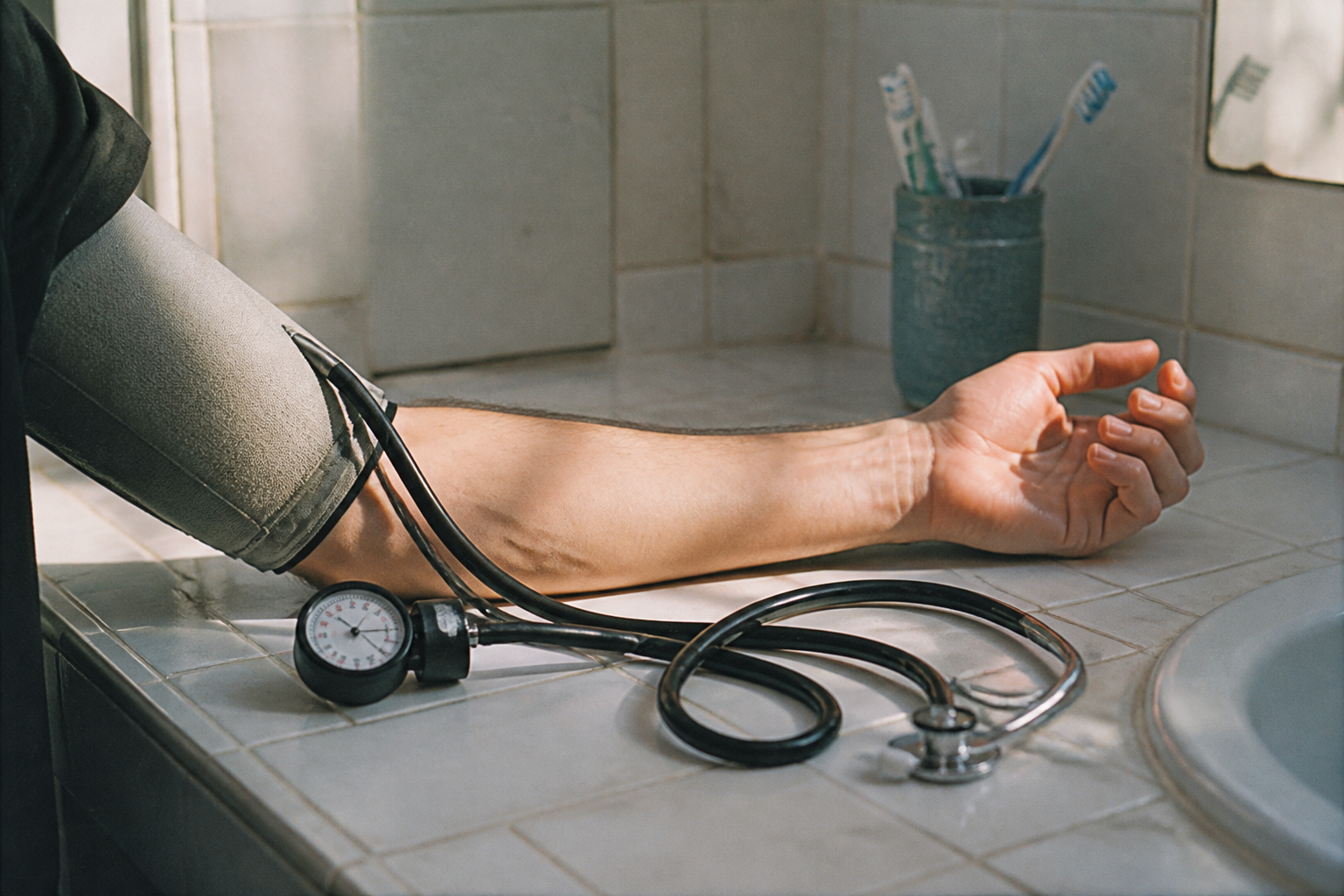 Blood pressure cuff on a bathroom counter