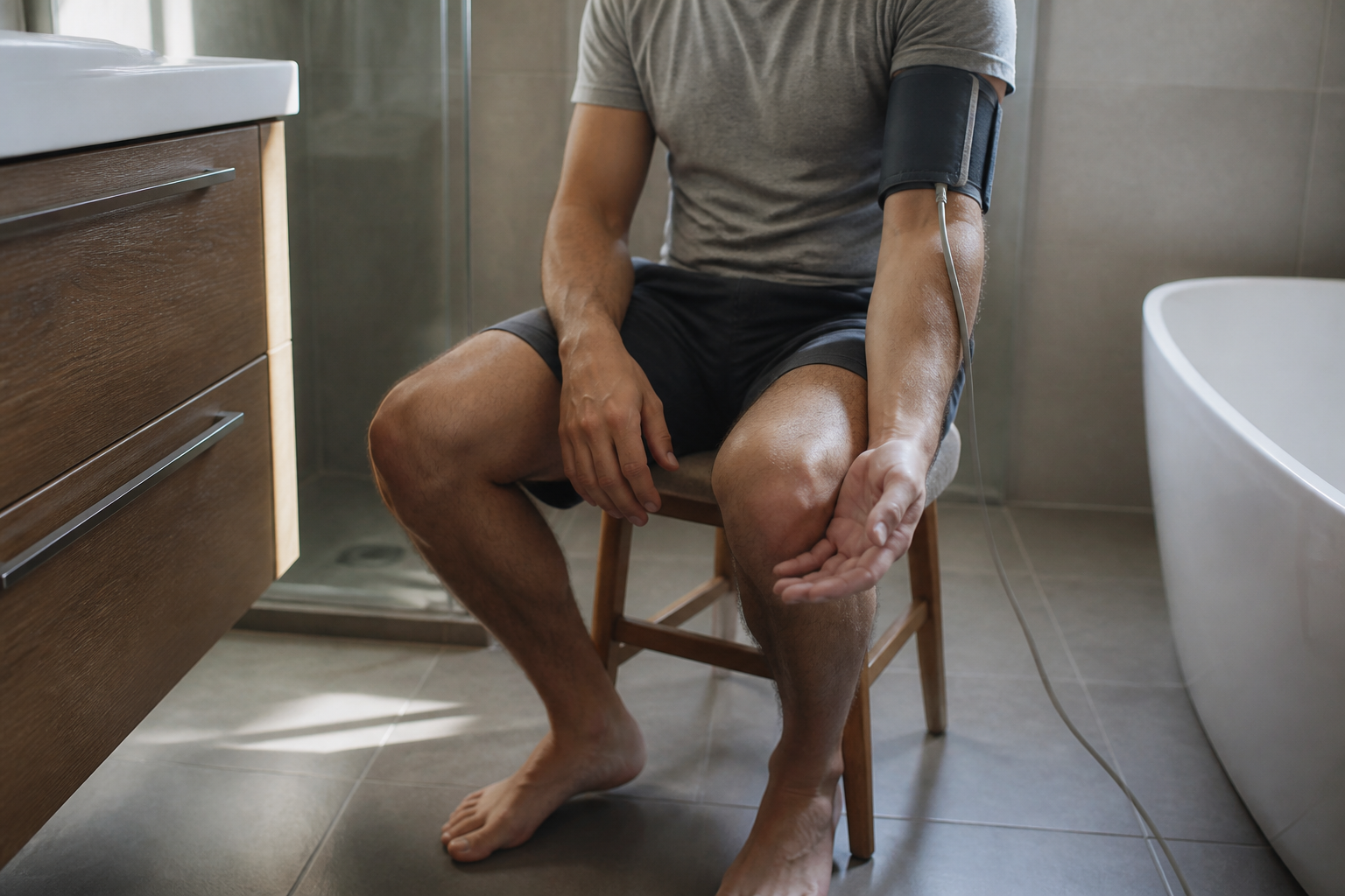 Upper-arm cuff on a bathroom stool in morning light