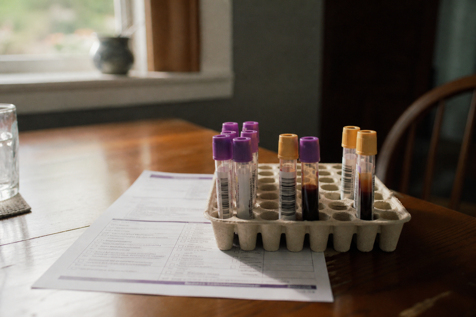 Blood tubes in a kitchen-table lab tray