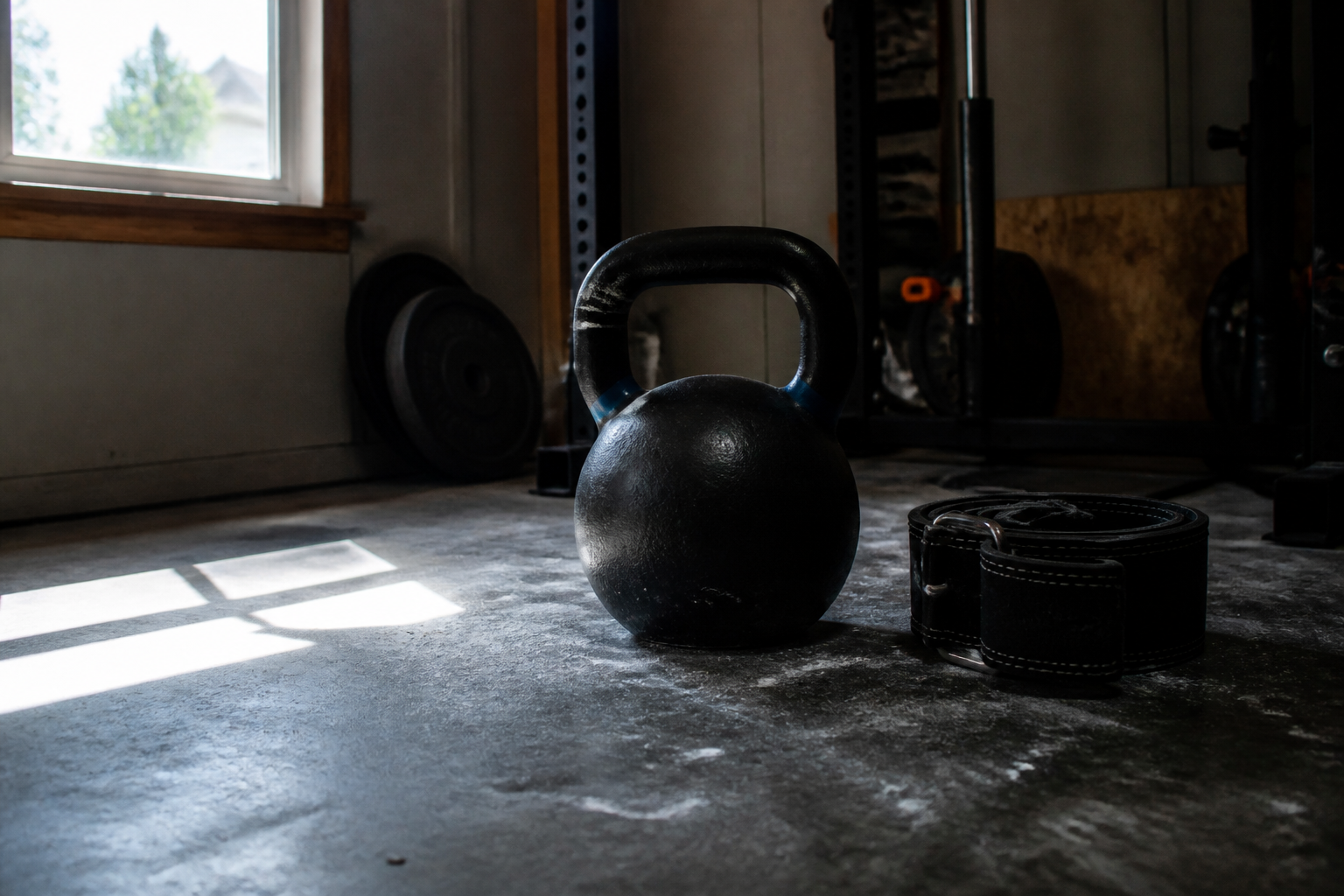 Barbell on a garage floor, chalk on the knurl, no crowd