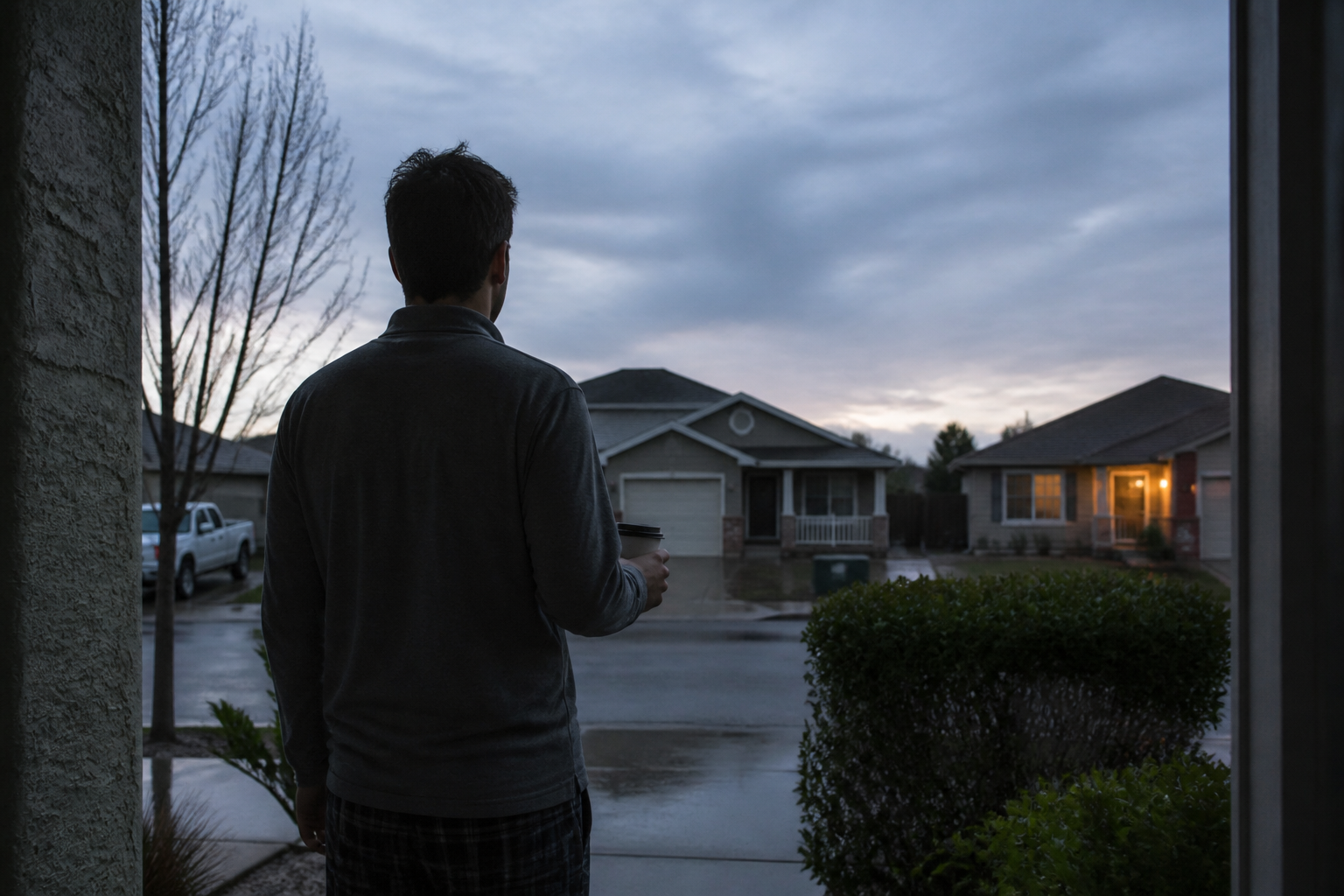 Standing on a doorstep at dawn, looking at the sky