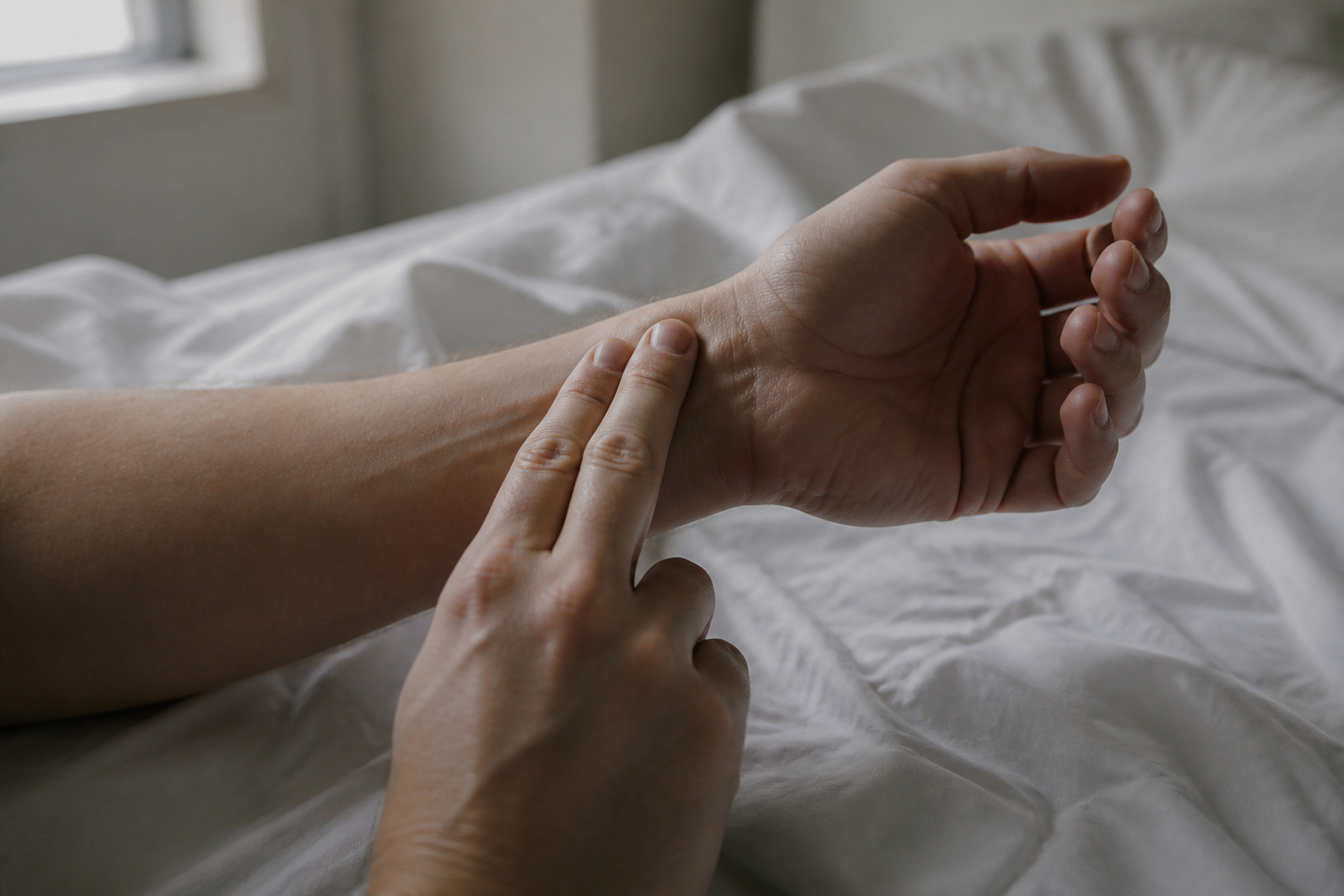 Fingers on a wrist, checking pulse in bed