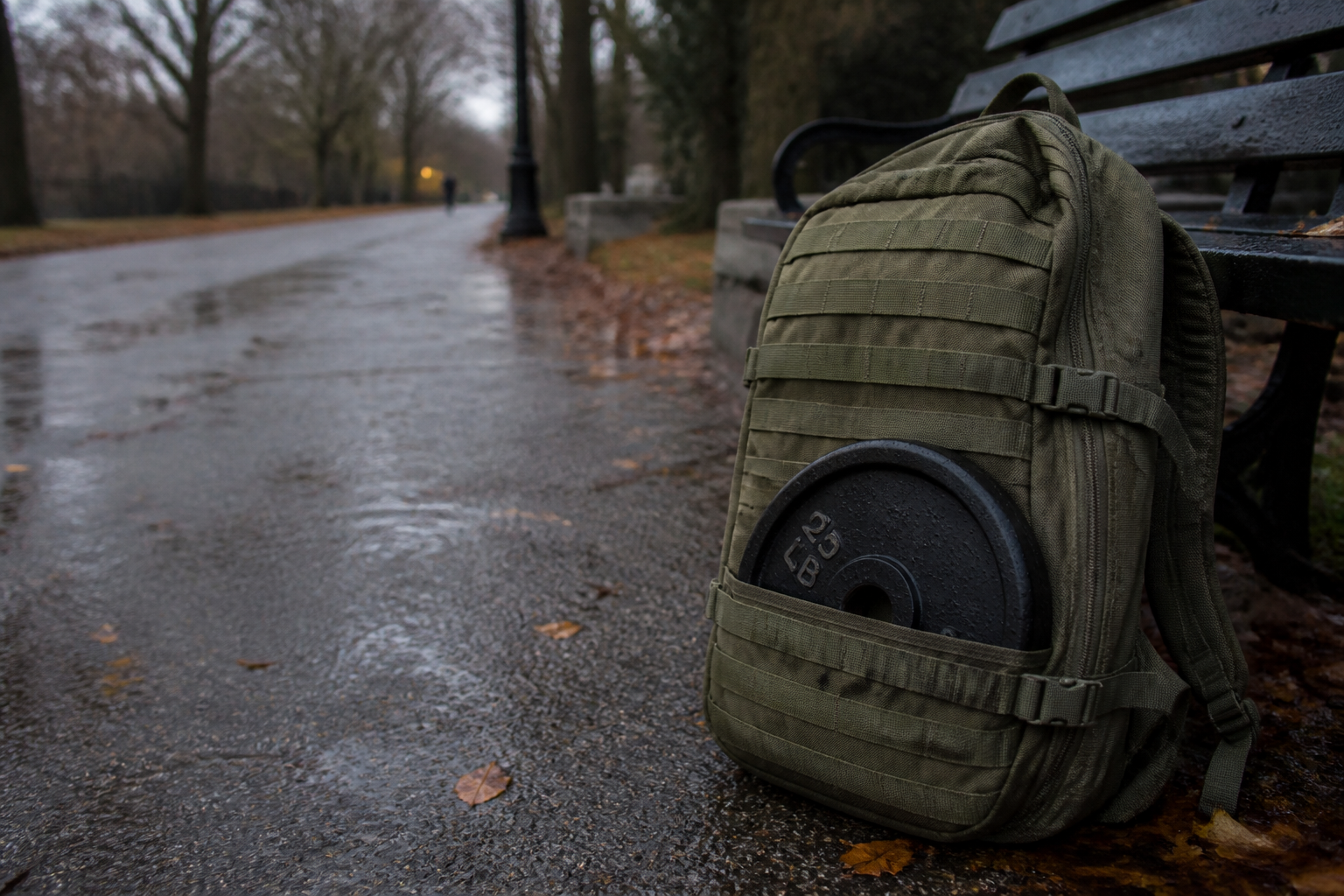 Weighted pack leaning on a park bench