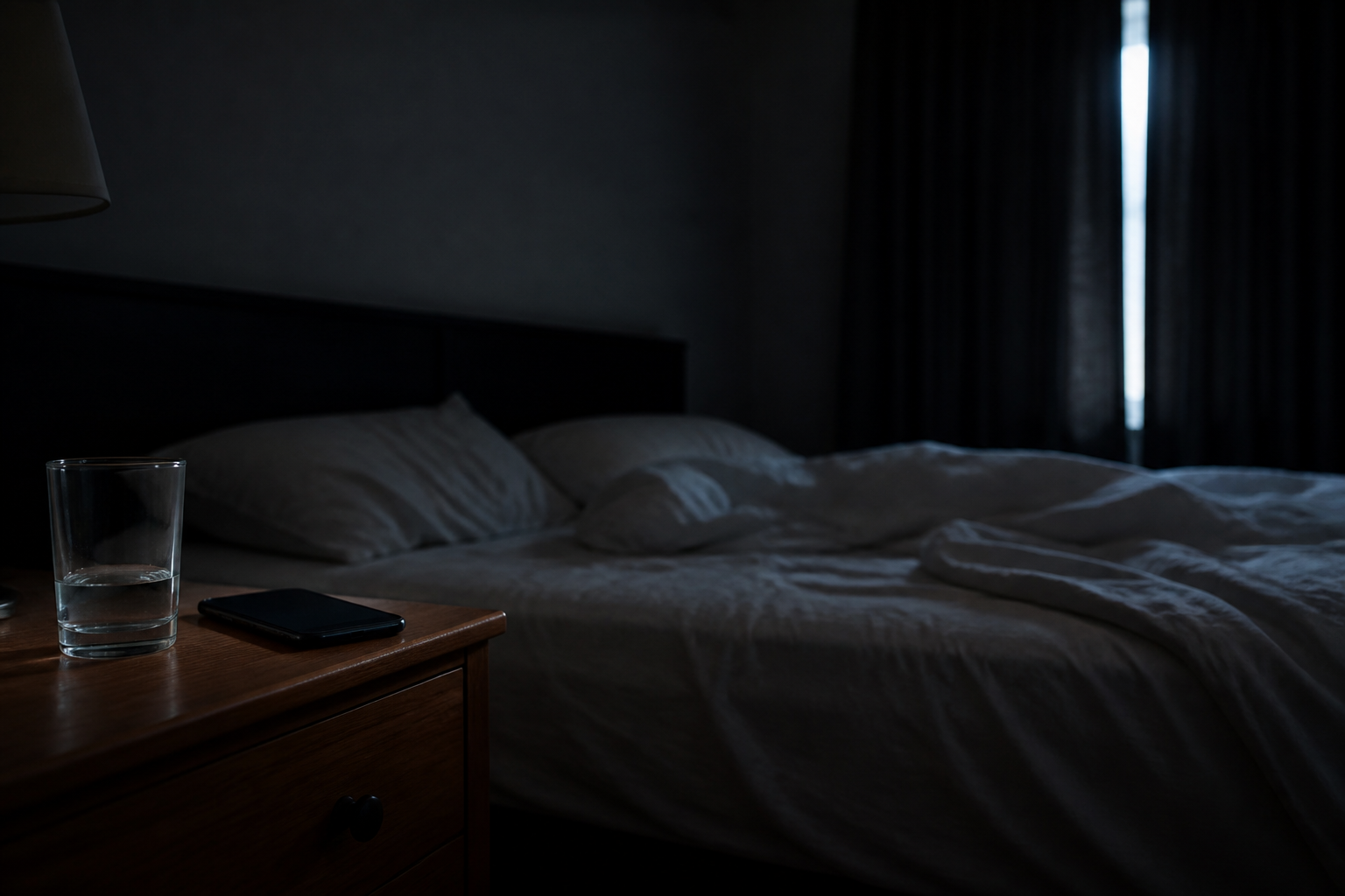 Dark bedroom, phone face down, glass of water, early light at the curtain