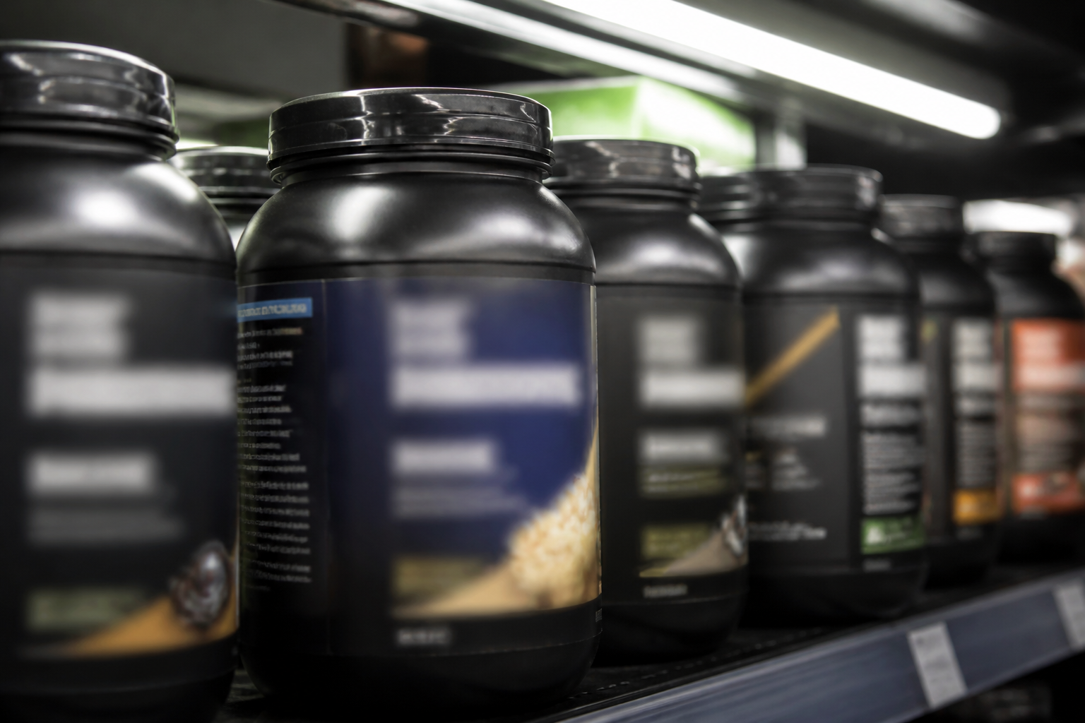 Black supplement tubs on a store shelf under hard lighting