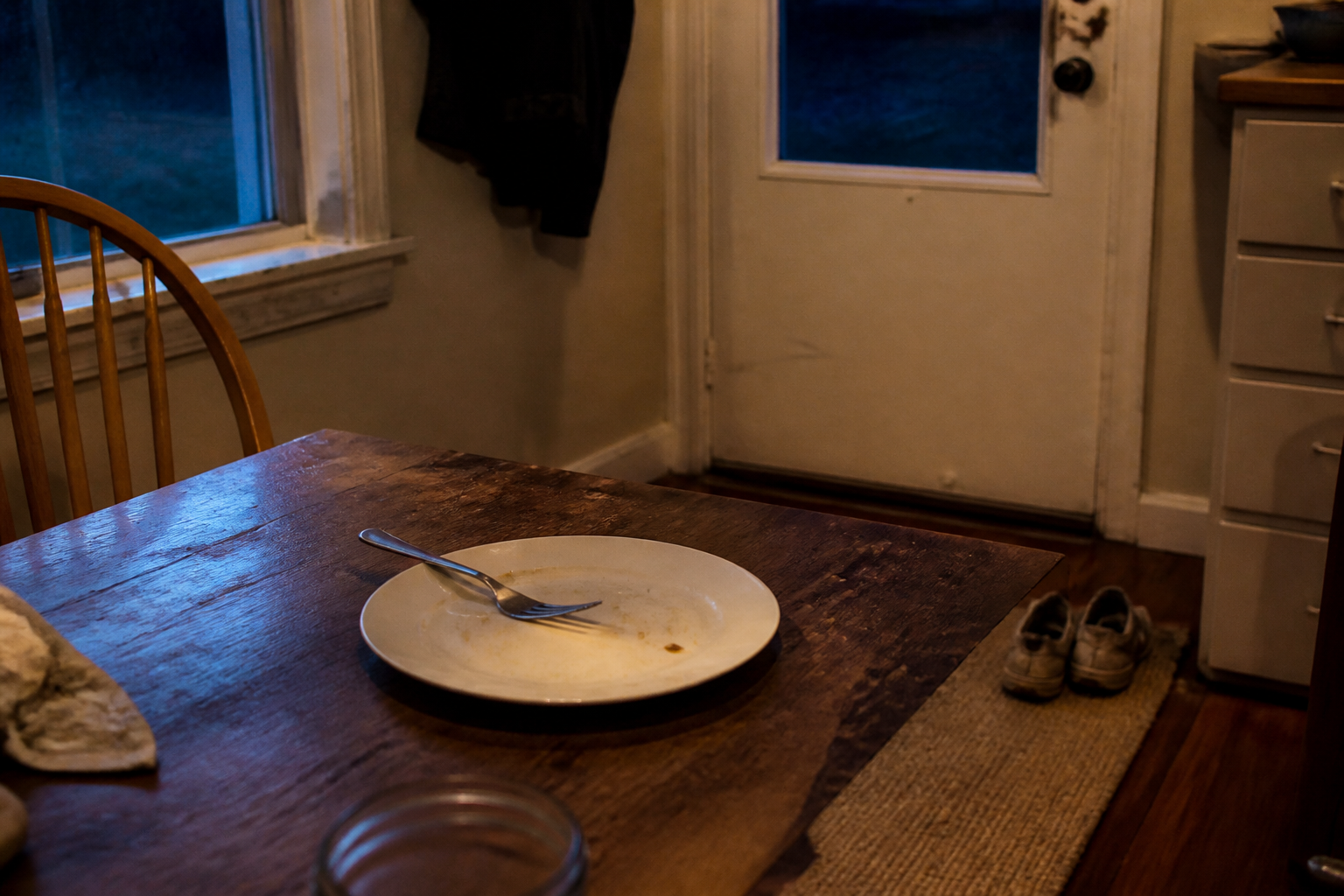 Shoes by the door next to a cleared dinner plate