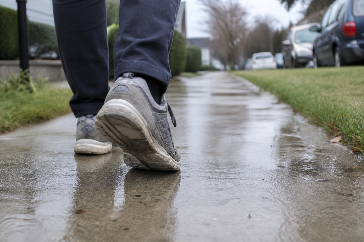 Worn shoes on a wet neighborhood sidewalk
